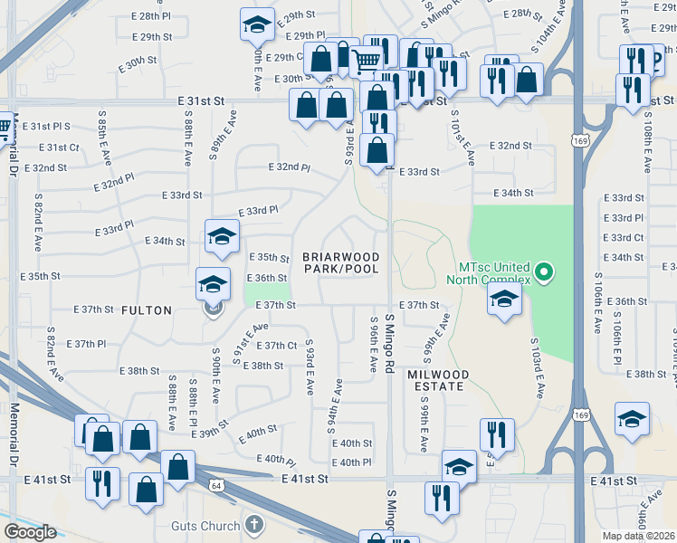 map of restaurants, bars, coffee shops, grocery stores, and more near 9423 East 36th Street in Tulsa