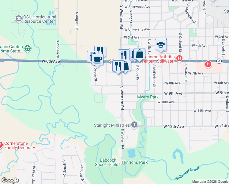 map of restaurants, bars, coffee shops, grocery stores, and more near 2404 West 9th Avenue in Stillwater