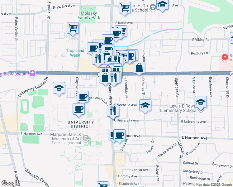 map of restaurants, bars, coffee shops, grocery stores, and more near 4220 South Maryland Parkway in Las Vegas