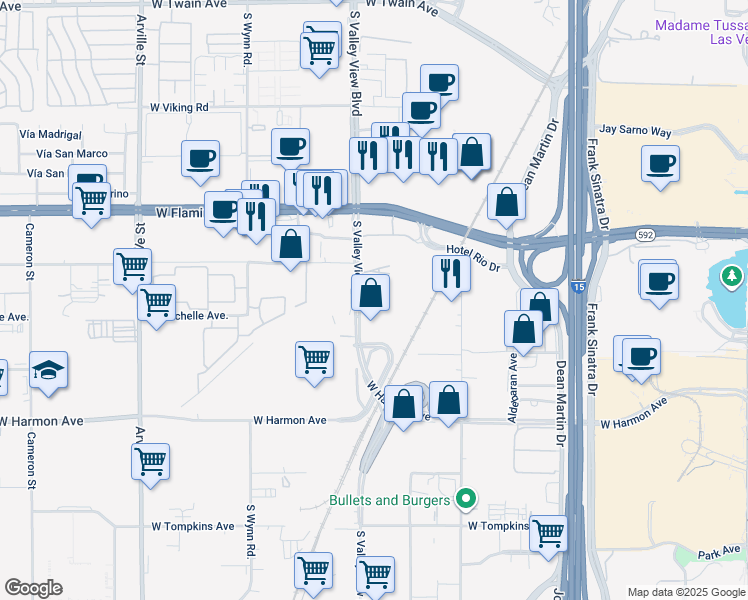 map of restaurants, bars, coffee shops, grocery stores, and more near 4270 South Valley View Boulevard in Las Vegas