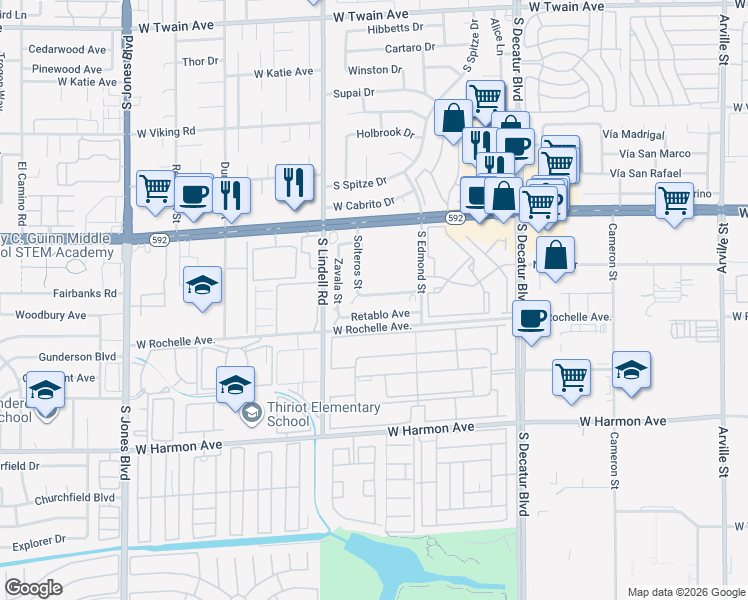 map of restaurants, bars, coffee shops, grocery stores, and more near 5403 Del Gado Drive in Las Vegas
