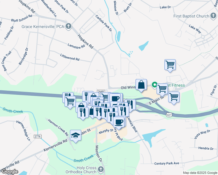 map of restaurants, bars, coffee shops, grocery stores, and more near 900 Old Winston Road in Kernersville