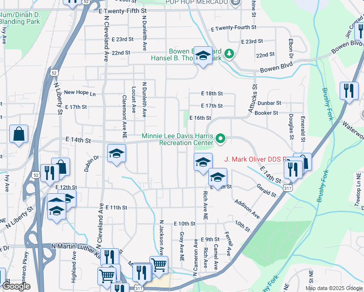 map of restaurants, bars, coffee shops, grocery stores, and more near 1342 Cameron Avenue in Winston-Salem