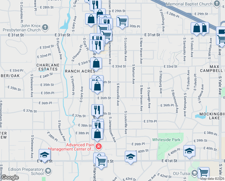 map of restaurants, bars, coffee shops, grocery stores, and more near 3524 South Knoxville Avenue in Tulsa