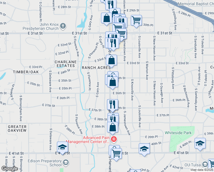 map of restaurants, bars, coffee shops, grocery stores, and more near 3513 South Harvard Avenue in Tulsa