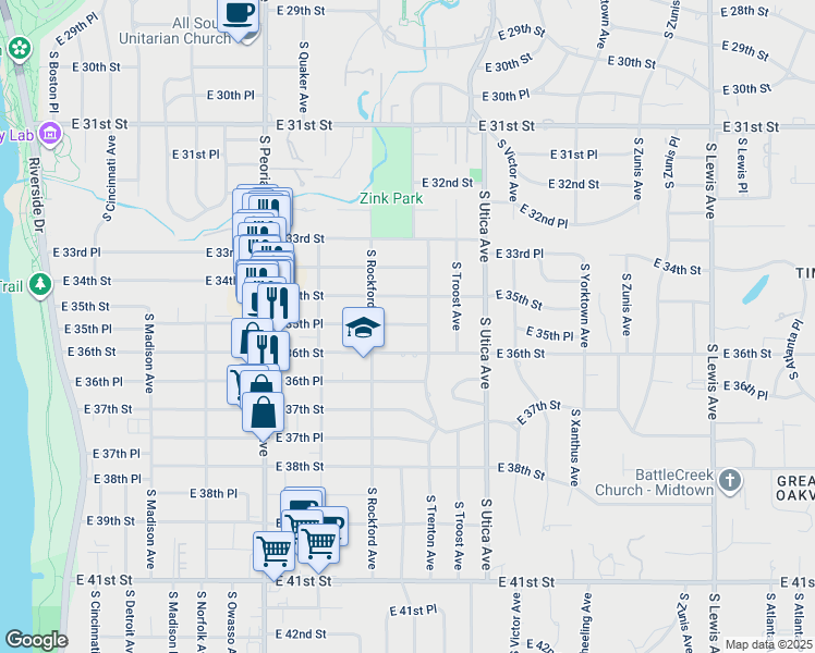 map of restaurants, bars, coffee shops, grocery stores, and more near 1536 East 35th Place in Tulsa