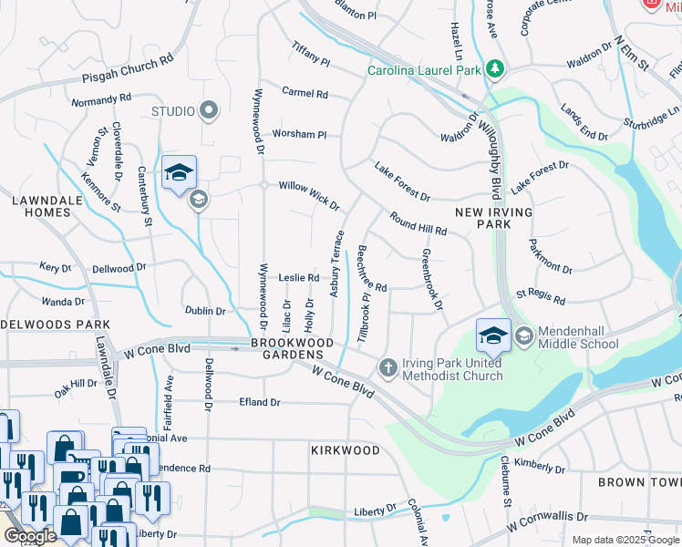 map of restaurants, bars, coffee shops, grocery stores, and more near 2800 Asbury Terrace in Greensboro