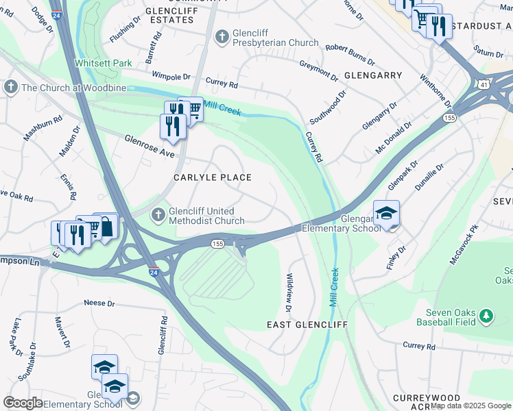 map of restaurants, bars, coffee shops, grocery stores, and more near 729 Drummond Drive in Nashville