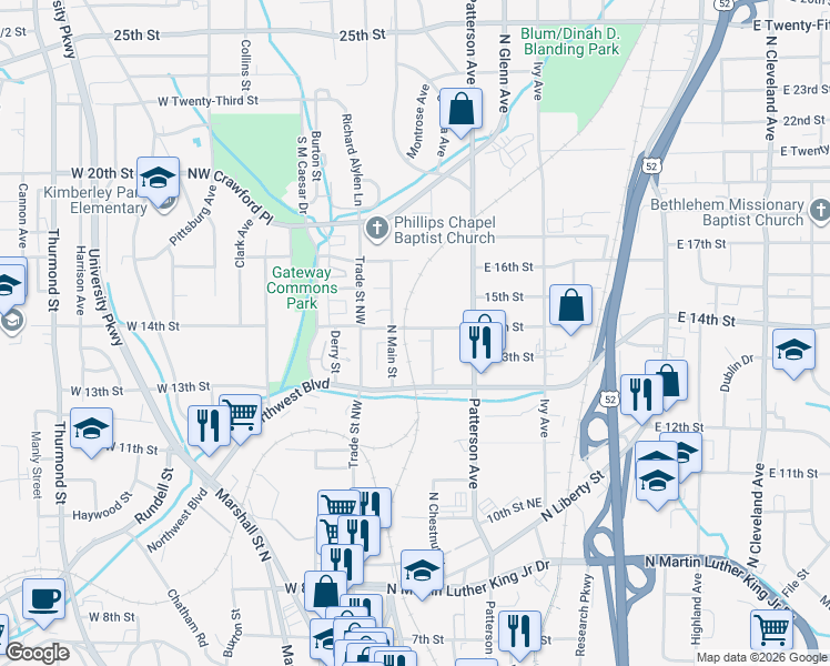 map of restaurants, bars, coffee shops, grocery stores, and more near 120 West 14th Street in Winston-Salem
