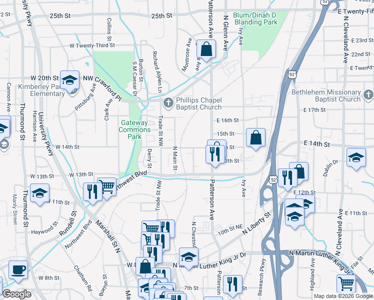 map of restaurants, bars, coffee shops, grocery stores, and more near 120 West 14th Street in Winston-Salem