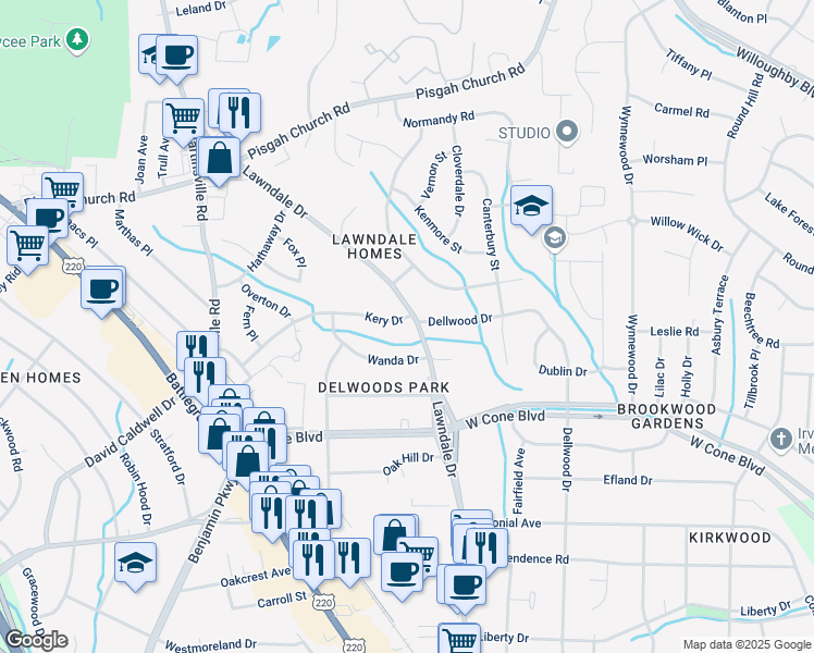 map of restaurants, bars, coffee shops, grocery stores, and more near 3400 Lawndale Drive in Greensboro