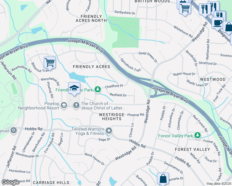 map of restaurants, bars, coffee shops, grocery stores, and more near 3614 Redfield Drive in Greensboro