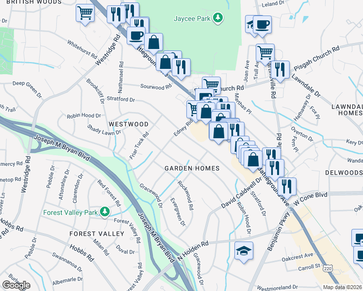 map of restaurants, bars, coffee shops, grocery stores, and more near 2814 Robin Hood Drive in Greensboro
