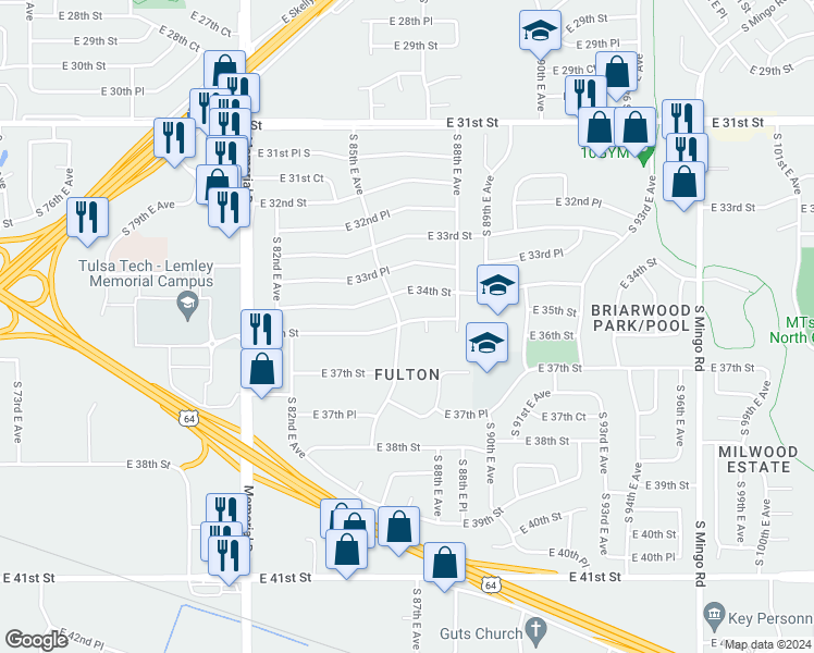 map of restaurants, bars, coffee shops, grocery stores, and more near 8508 East 35th Street in Tulsa