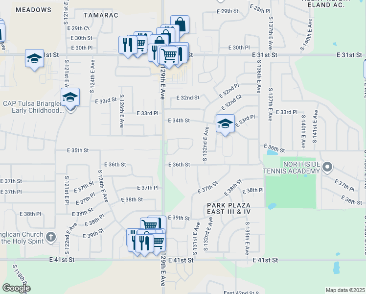 map of restaurants, bars, coffee shops, grocery stores, and more near 12903 East 35th Place in Tulsa
