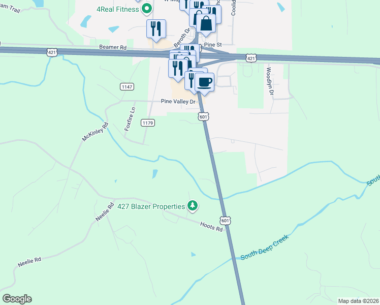 map of restaurants, bars, coffee shops, grocery stores, and more near 2432 U.S. 601 in Yadkinville
