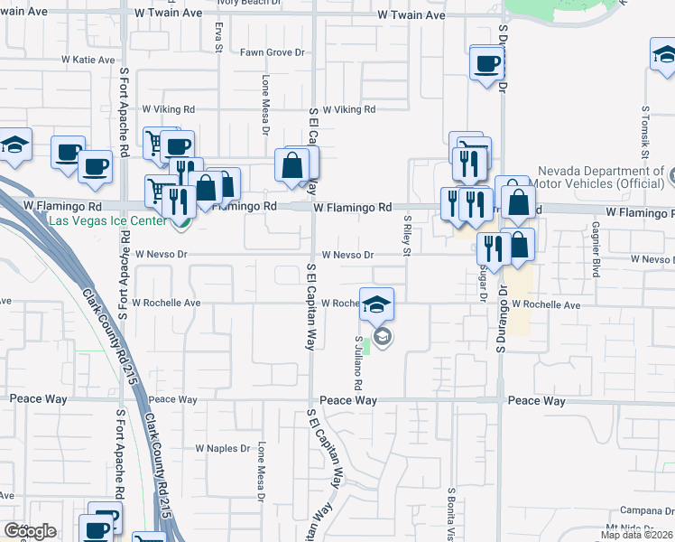 map of restaurants, bars, coffee shops, grocery stores, and more near 8943 Sierra Linda Drive in Las Vegas