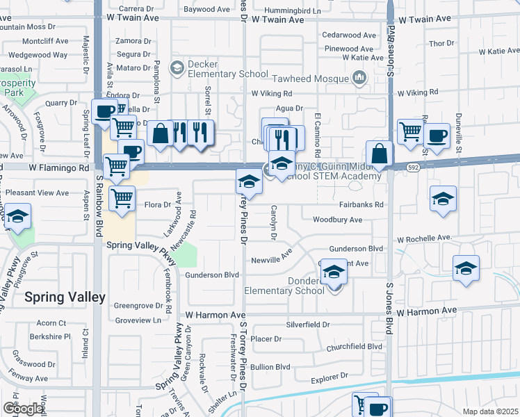 map of restaurants, bars, coffee shops, grocery stores, and more near 6458 Lori Court in Las Vegas