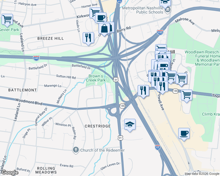map of restaurants, bars, coffee shops, grocery stores, and more near 2964 Franklin Pike in Nashville