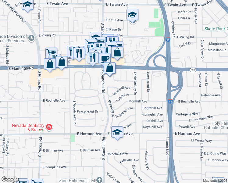 map of restaurants, bars, coffee shops, grocery stores, and more near 3870 Woodhill Ave in Las Vegas