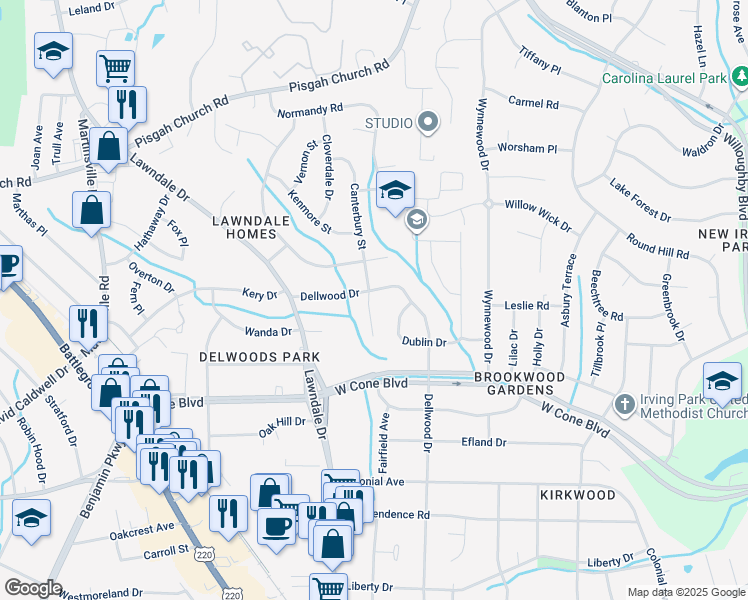 map of restaurants, bars, coffee shops, grocery stores, and more near 2911 Dellwood Drive in Greensboro