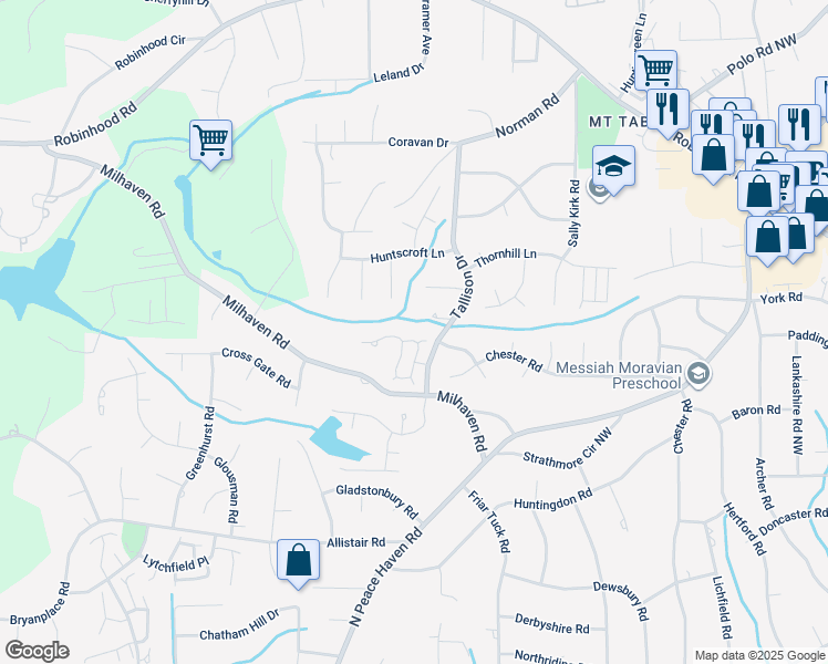 map of restaurants, bars, coffee shops, grocery stores, and more near 529 Claridge Circle in Winston-Salem