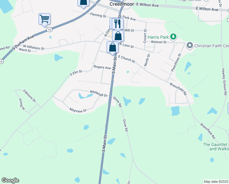map of restaurants, bars, coffee shops, grocery stores, and more near 101 Dove Road in Creedmoor