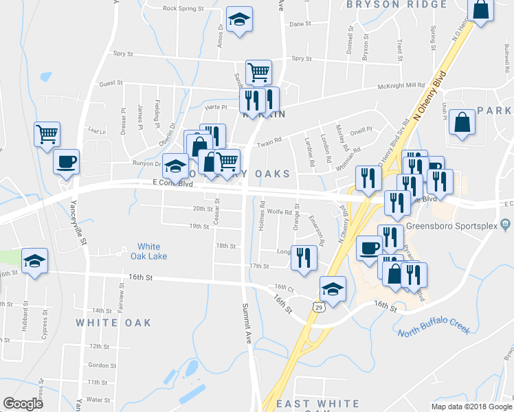 map of restaurants, bars, coffee shops, grocery stores, and more near 2903 Holmes Road in Greensboro