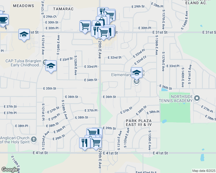 map of restaurants, bars, coffee shops, grocery stores, and more near 12917 East 35th Street in Tulsa