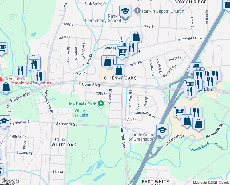 map of restaurants, bars, coffee shops, grocery stores, and more near 1509 20th Street in Greensboro