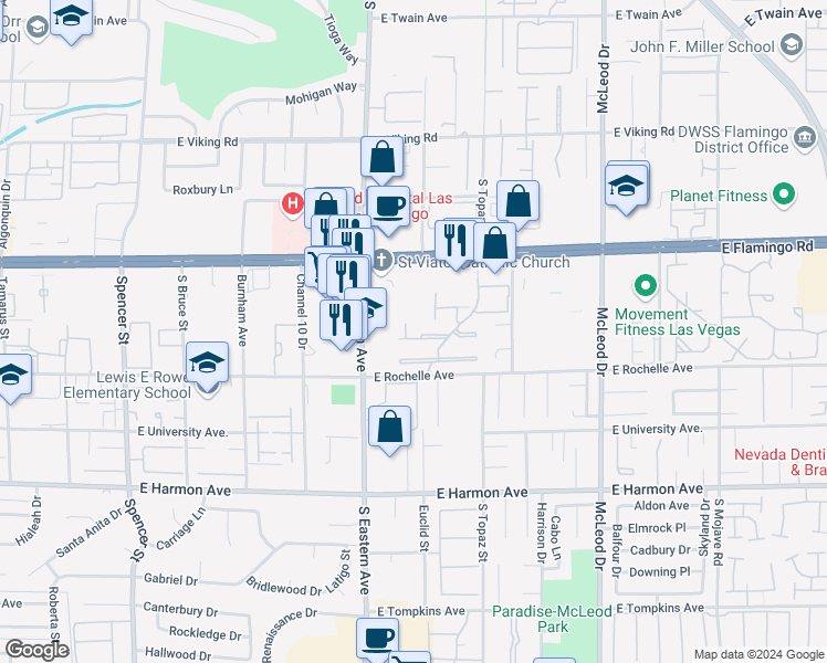 map of restaurants, bars, coffee shops, grocery stores, and more near 4220 Whippoorwill Circle in Las Vegas