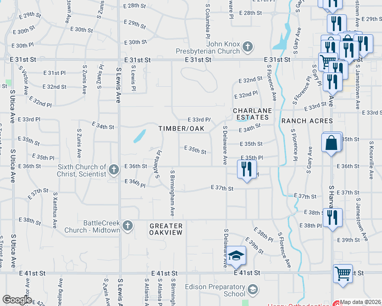 map of restaurants, bars, coffee shops, grocery stores, and more near 2626 East 35th Street in Tulsa