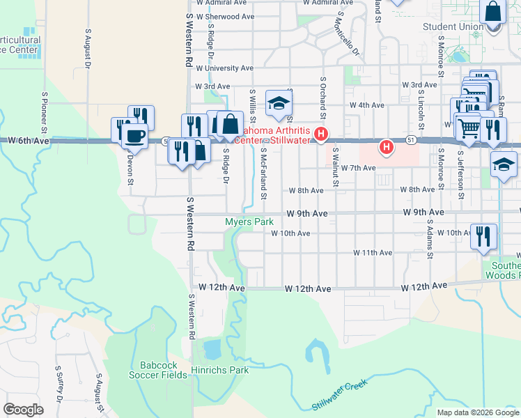 map of restaurants, bars, coffee shops, grocery stores, and more near 2002 West 9th Avenue in Stillwater