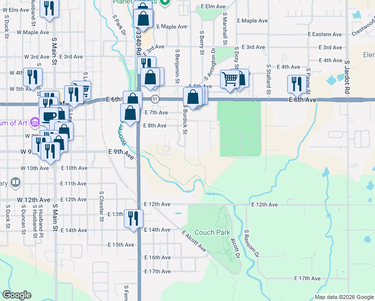 map of restaurants, bars, coffee shops, grocery stores, and more near 835 South Burdick Street in Stillwater