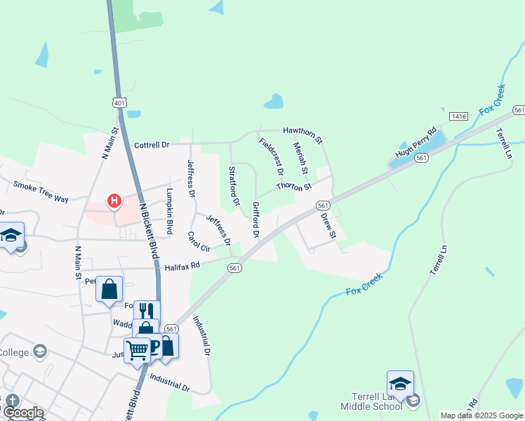 map of restaurants, bars, coffee shops, grocery stores, and more near 109 Grifford Drive in Louisburg