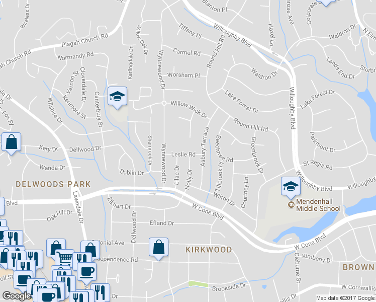 map of restaurants, bars, coffee shops, grocery stores, and more near 1700 Leslie Road in Greensboro