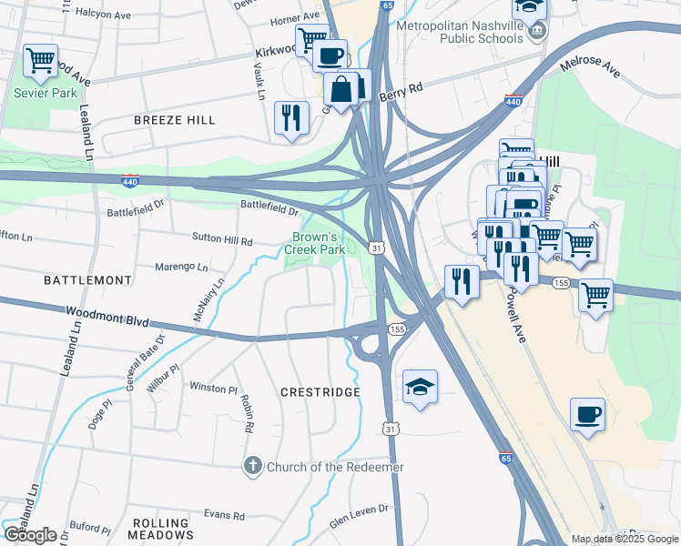 map of restaurants, bars, coffee shops, grocery stores, and more near 3402 Pleasant Valley Road in Nashville