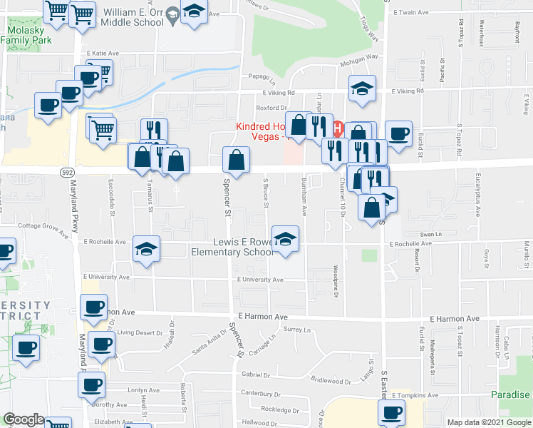 map of restaurants, bars, coffee shops, grocery stores, and more near South Bruce Street in Las Vegas