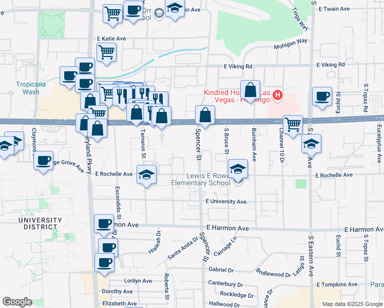map of restaurants, bars, coffee shops, grocery stores, and more near 4225 Spencer Street in Las Vegas