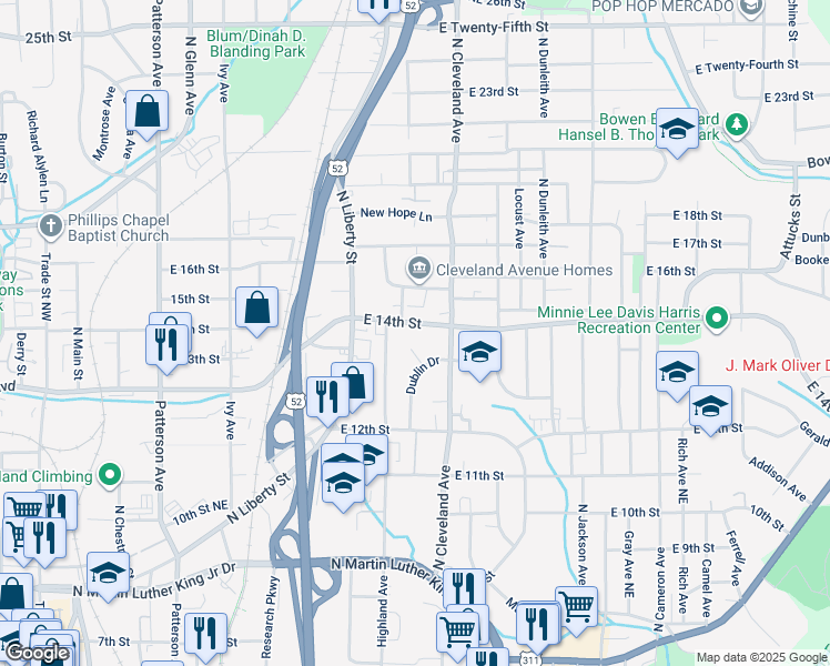 map of restaurants, bars, coffee shops, grocery stores, and more near 1124 14th Street Northeast in Winston-Salem