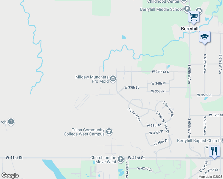 map of restaurants, bars, coffee shops, grocery stores, and more near 3435 South 75th West Avenue in Tulsa