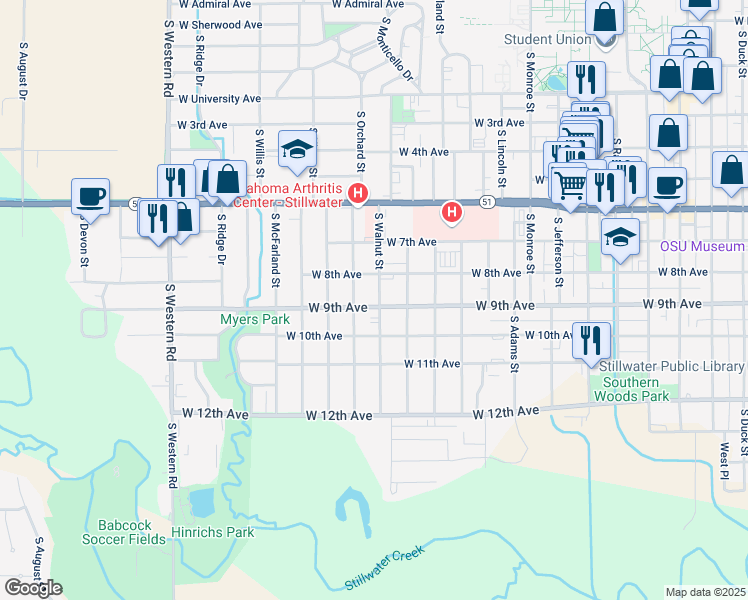 map of restaurants, bars, coffee shops, grocery stores, and more near 824 South Walnut Street in Stillwater