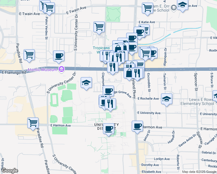 map of restaurants, bars, coffee shops, grocery stores, and more near 4223 Fairfax Circle in Las Vegas