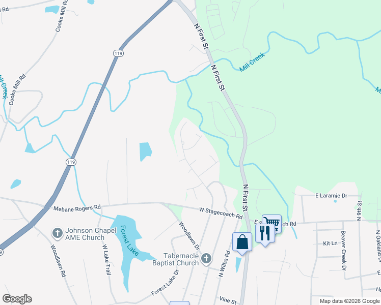 map of restaurants, bars, coffee shops, grocery stores, and more near 902 North Carr Street in Mebane