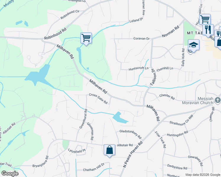 map of restaurants, bars, coffee shops, grocery stores, and more near 3585 Milhaven Road in Winston-Salem