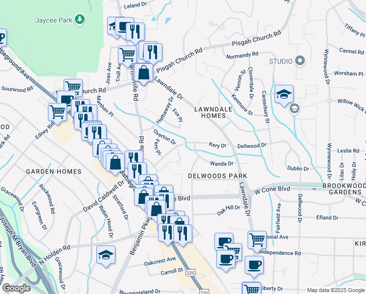 map of restaurants, bars, coffee shops, grocery stores, and more near 2305 Kery Drive in Greensboro