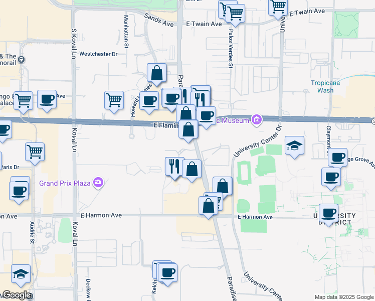 map of restaurants, bars, coffee shops, grocery stores, and more near 4202 Paradise Road in Las Vegas