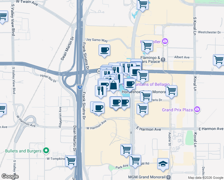 map of restaurants, bars, coffee shops, grocery stores, and more near 3600 Bellagio Drive in Las Vegas