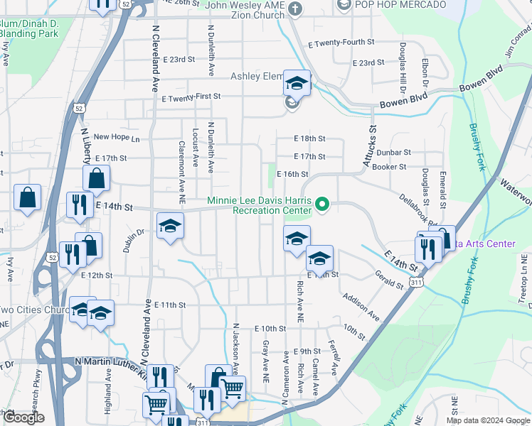 map of restaurants, bars, coffee shops, grocery stores, and more near 1342 Cameron Avenue in Winston-Salem