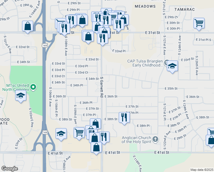map of restaurants, bars, coffee shops, grocery stores, and more near 11319 East 35th Street in Tulsa
